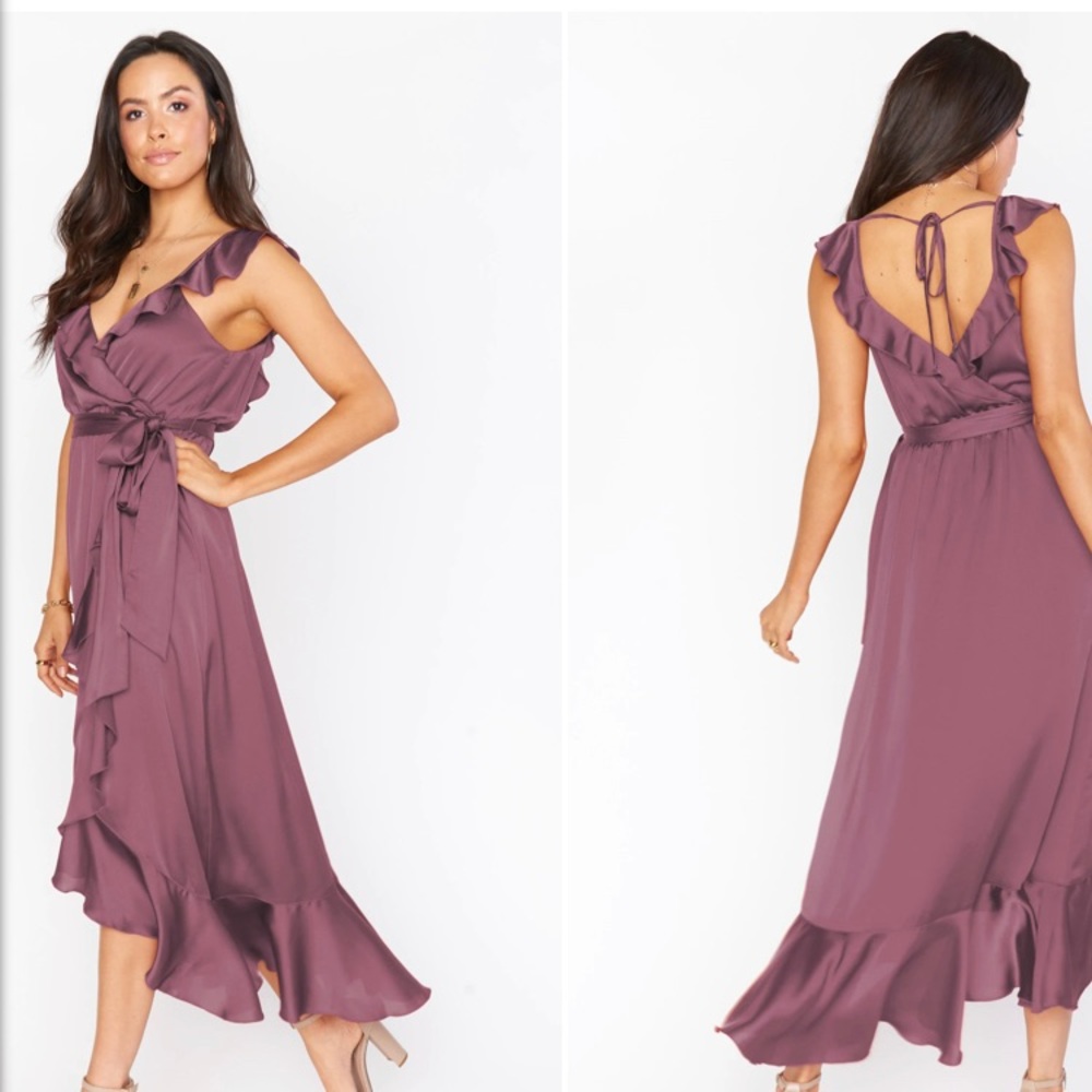 Show me your mumu Samantha wrap ruffle dress in plum purple satin size large